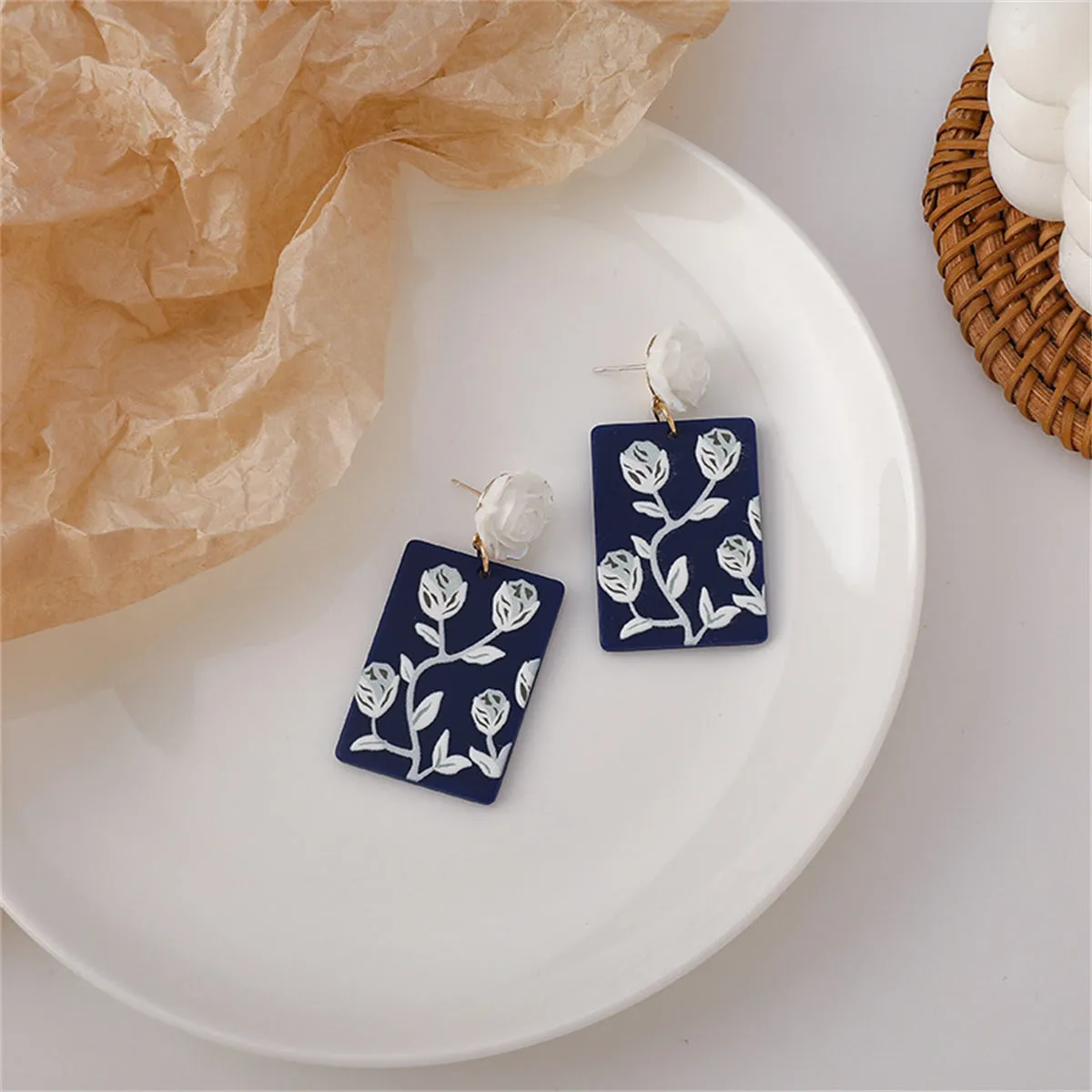 Blue Acrylic & Resin 18K Gold-Plated Rose Rectangle Drop Earrings