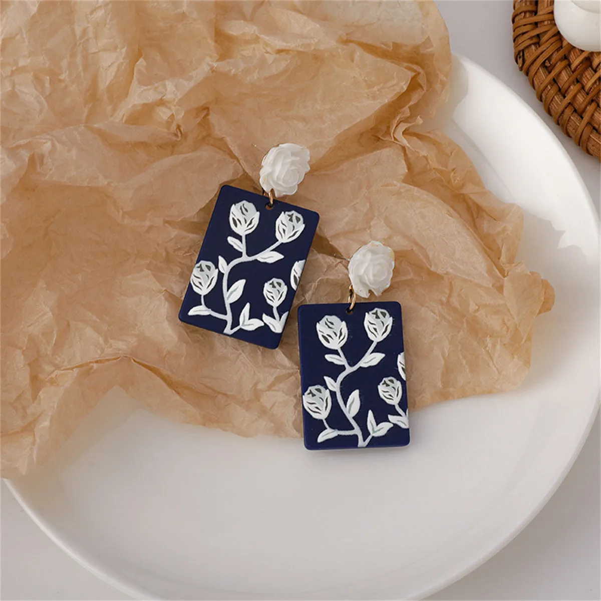 Blue Acrylic & Resin 18K Gold-Plated Rose Rectangle Drop Earrings