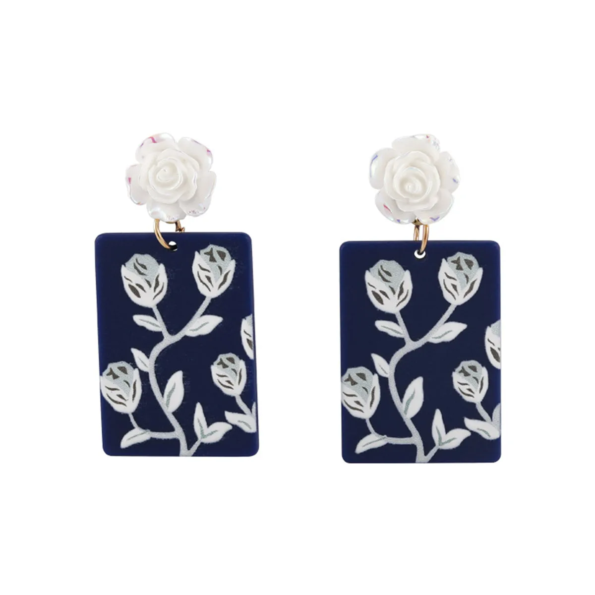 Blue Acrylic & Resin 18K Gold-Plated Rose Rectangle Drop Earrings