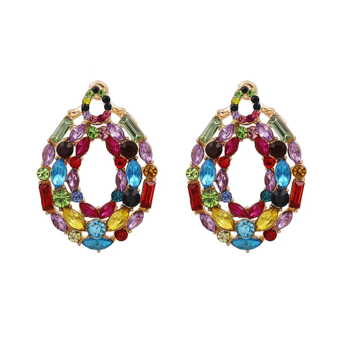 Blue & Pink Crystal & Cubic Zirconia Oval Cluster Drop Earrings