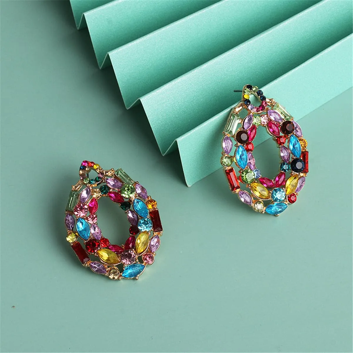 Blue & Pink Crystal & Cubic Zirconia Oval Cluster Drop Earrings