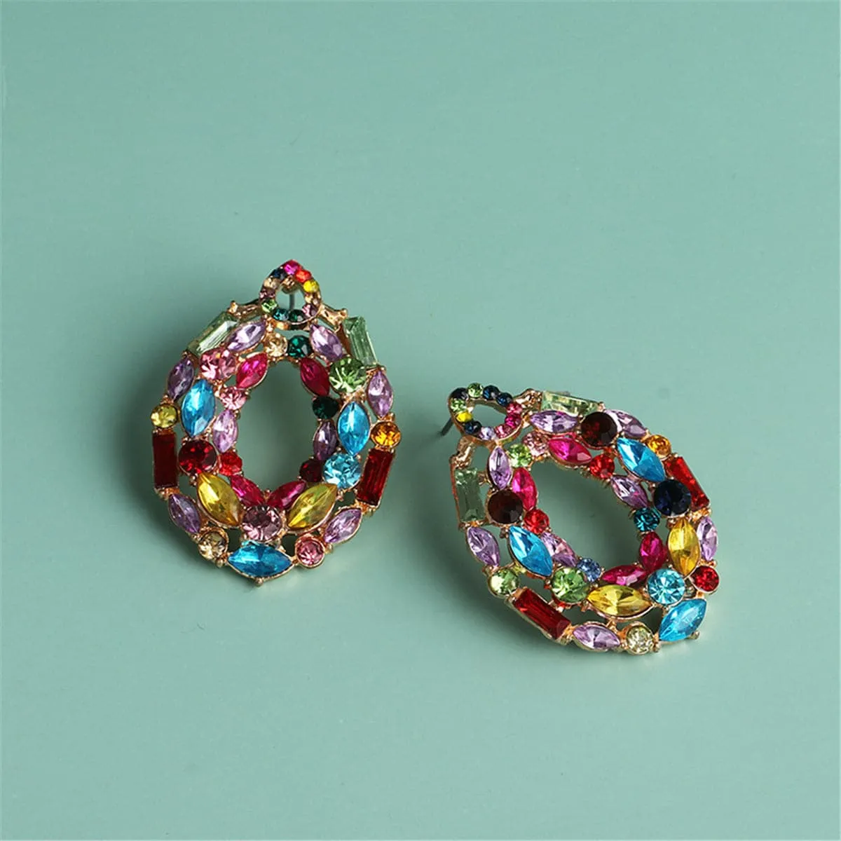 Blue & Pink Crystal & Cubic Zirconia Oval Cluster Drop Earrings
