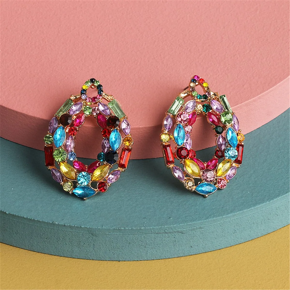 Blue & Pink Crystal & Cubic Zirconia Oval Cluster Drop Earrings