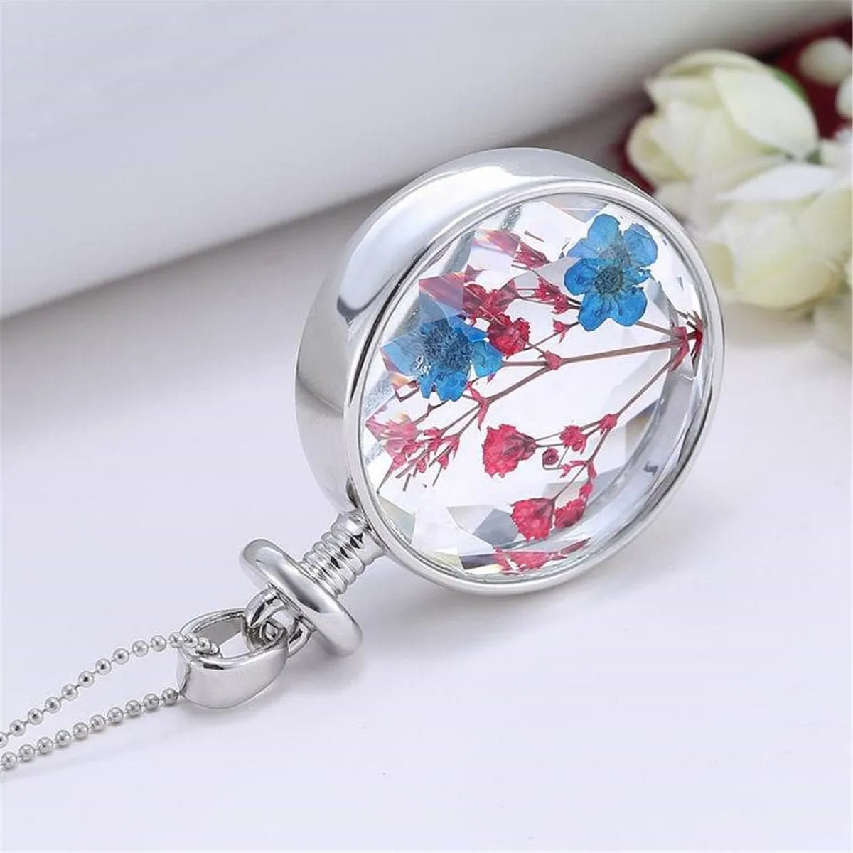 Blue & Pink Peach Blossom & Resin Round Pendant Necklace