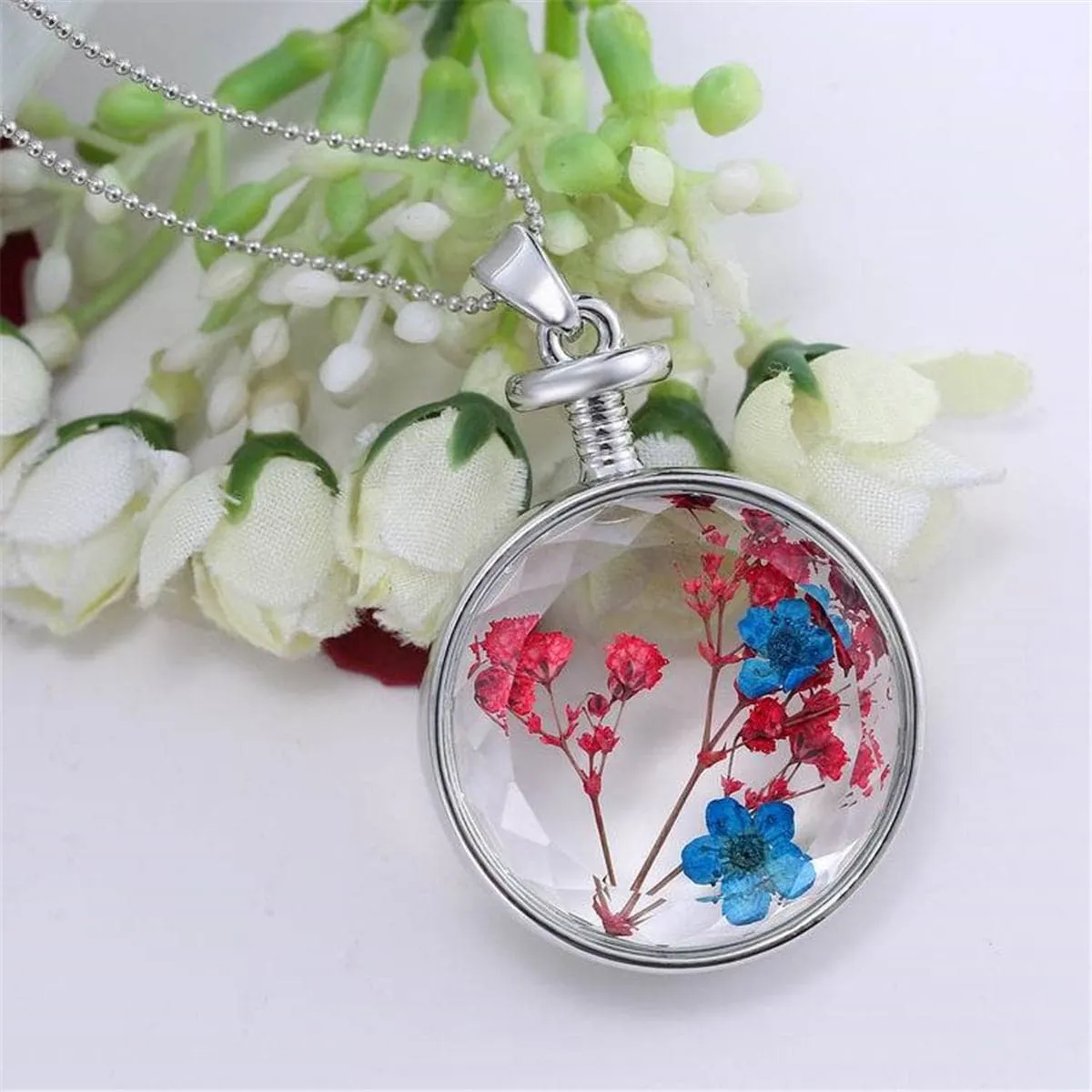 Blue & Pink Peach Blossom & Resin Round Pendant Necklace
