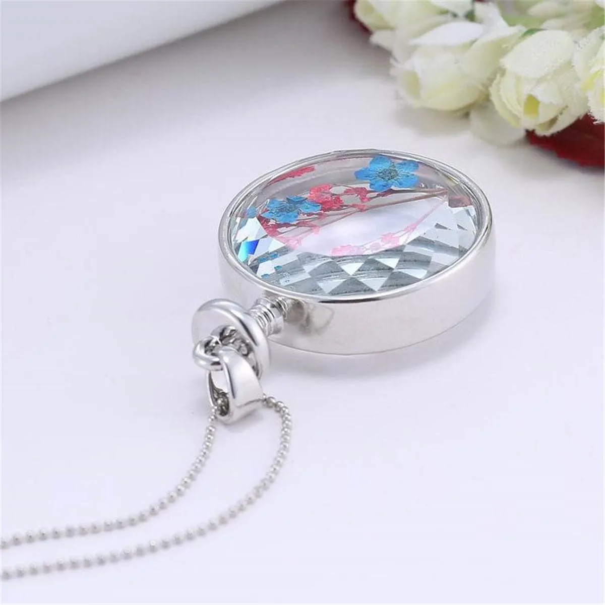 Blue & Pink Peach Blossom & Resin Round Pendant Necklace