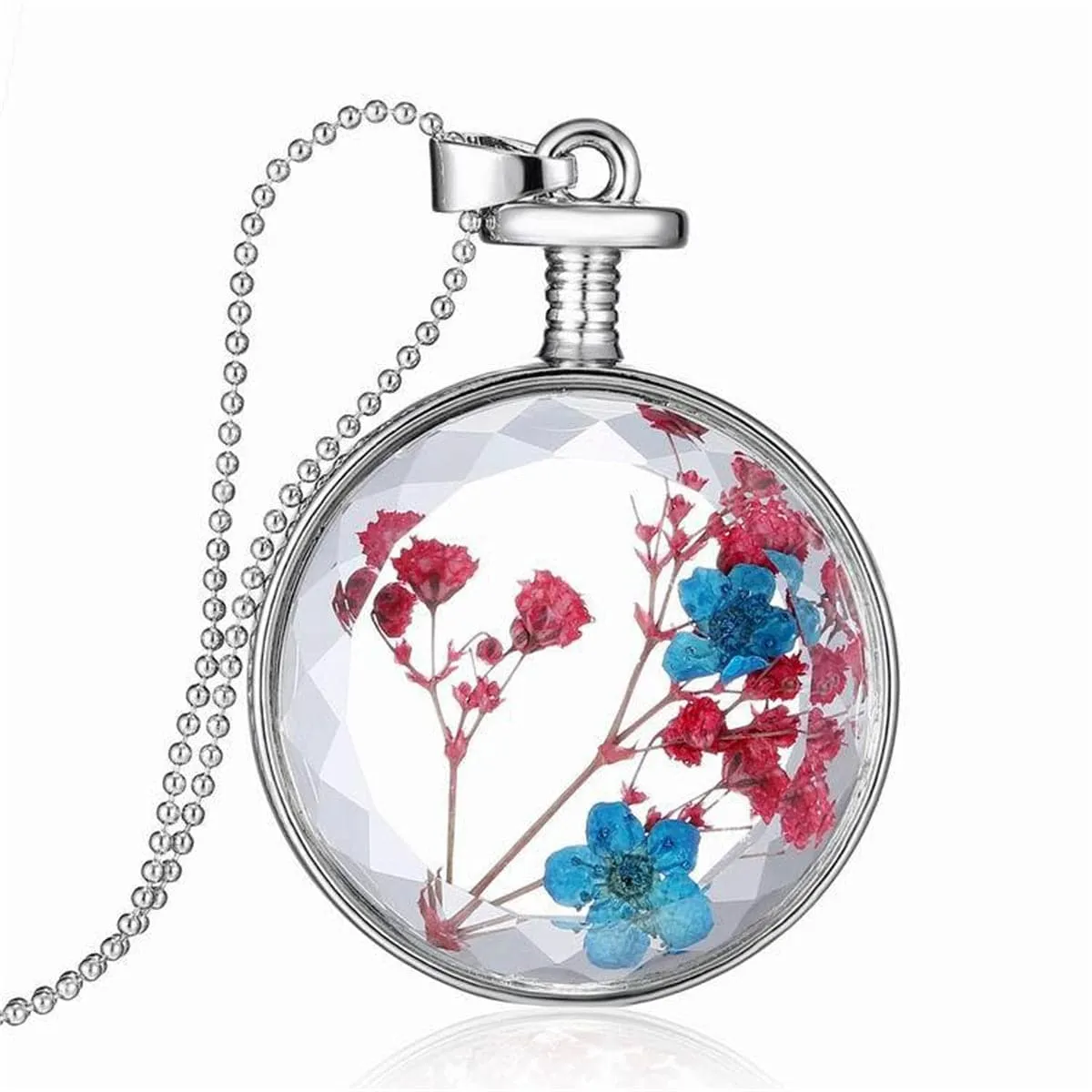 Blue & Pink Peach Blossom & Resin Round Pendant Necklace