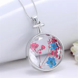 Blue & Pink Peach Blossom & Resin Round Pendant Necklace