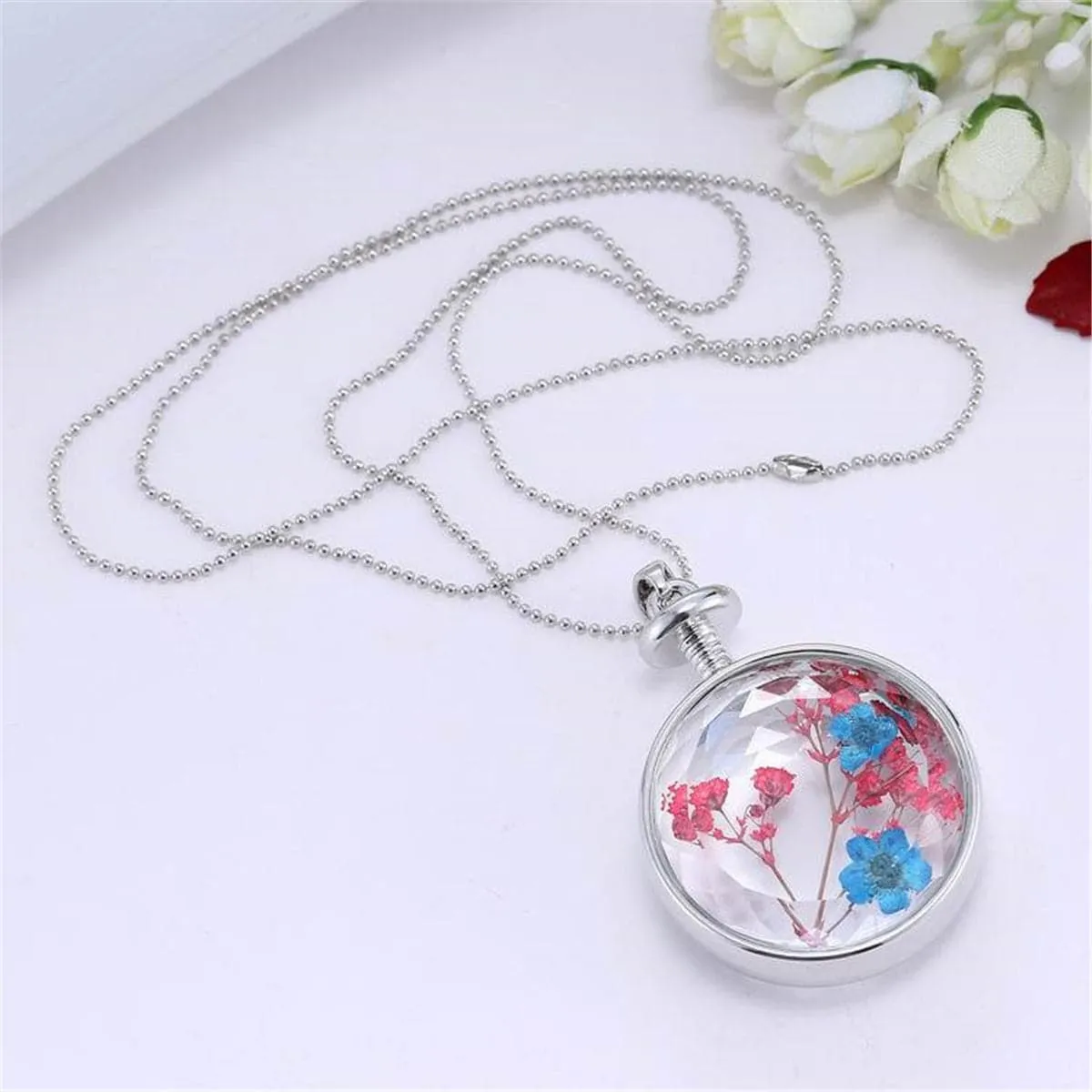 Blue & Pink Peach Blossom & Resin Round Pendant Necklace