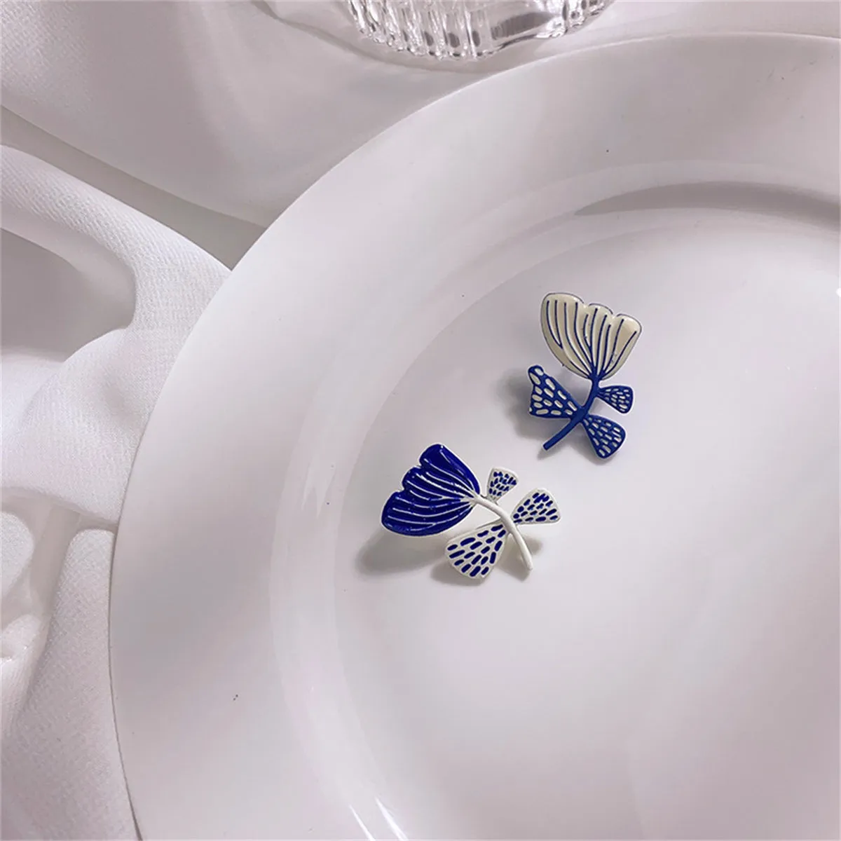 Blue & Silver-Plated Flower Stud Earrings