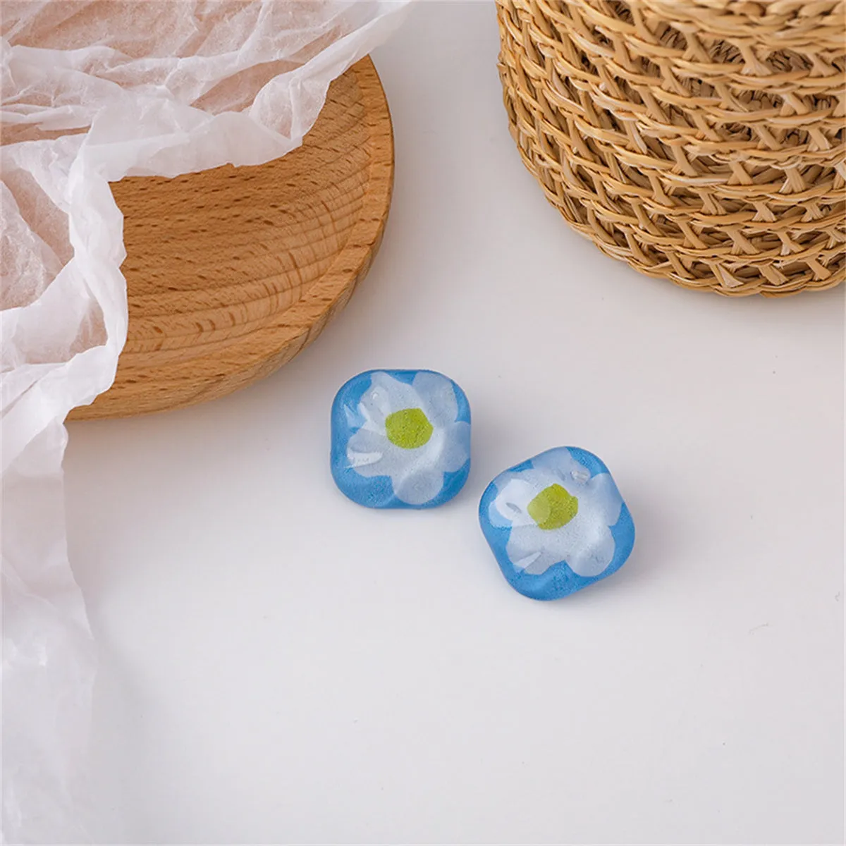 Blue & White Floral Square Stud Earrings