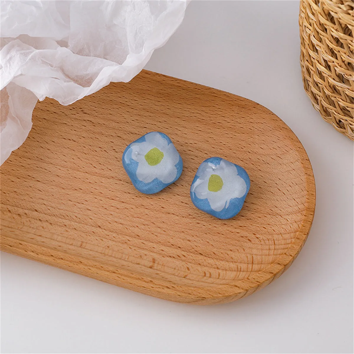 Blue & White Floral Square Stud Earrings