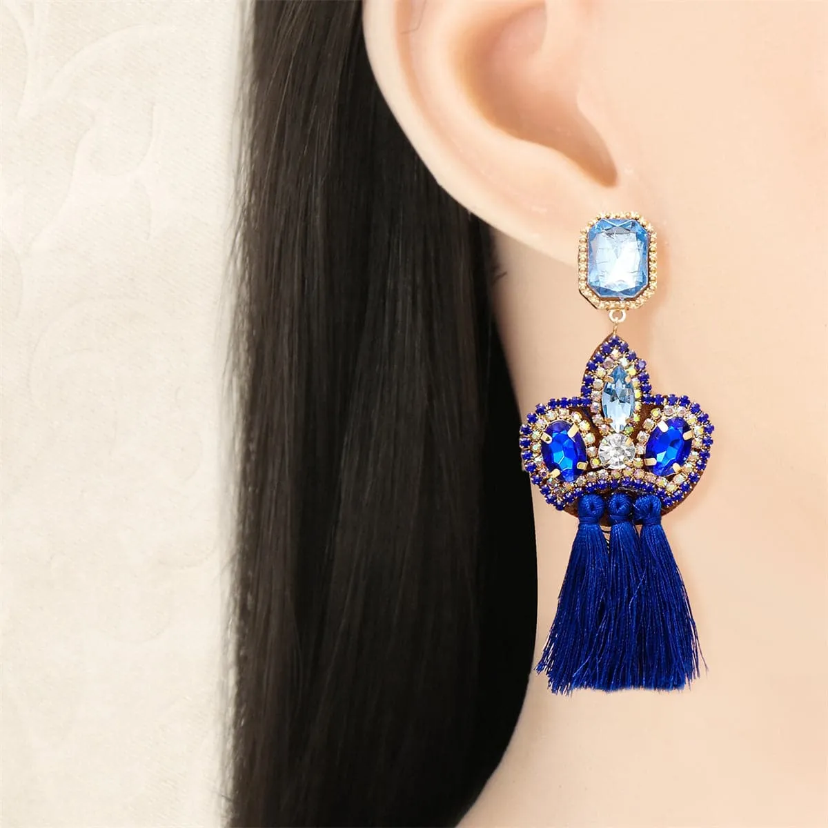 Blue Crystal & Cubic Zirconia 18K Gold-Plated Tassel Drop Earrings