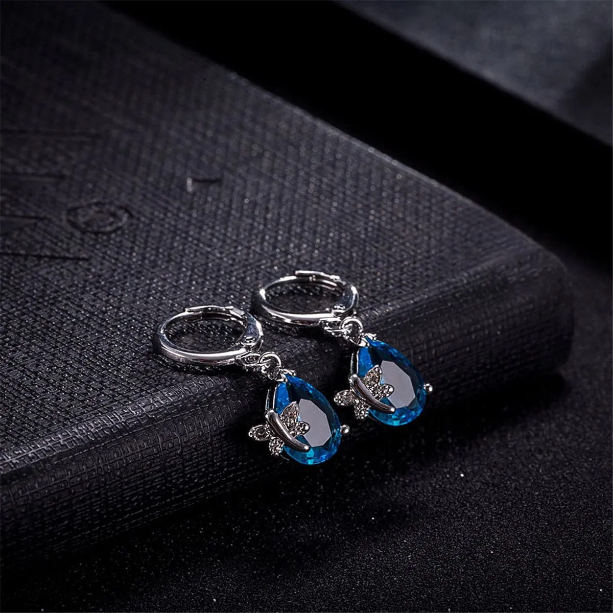 Blue Crystal & Cubic Zirconia Butterfly Teardrop Earrings