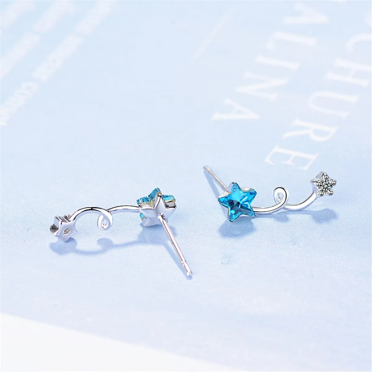Blue Crystal & Cubic Zirconia Star Ear Climbers