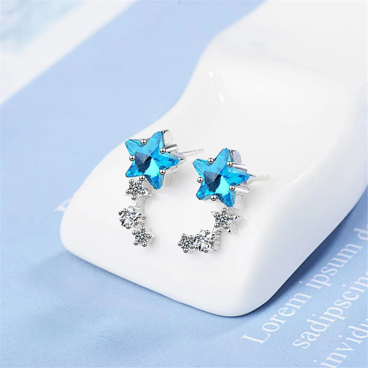 Blue Crystal & Cubic Zirconia Star Link Ear Climbers