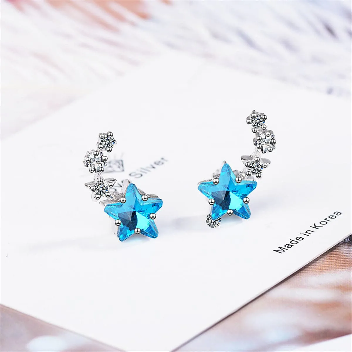 Blue Crystal & Cubic Zirconia Star Link Ear Climbers
