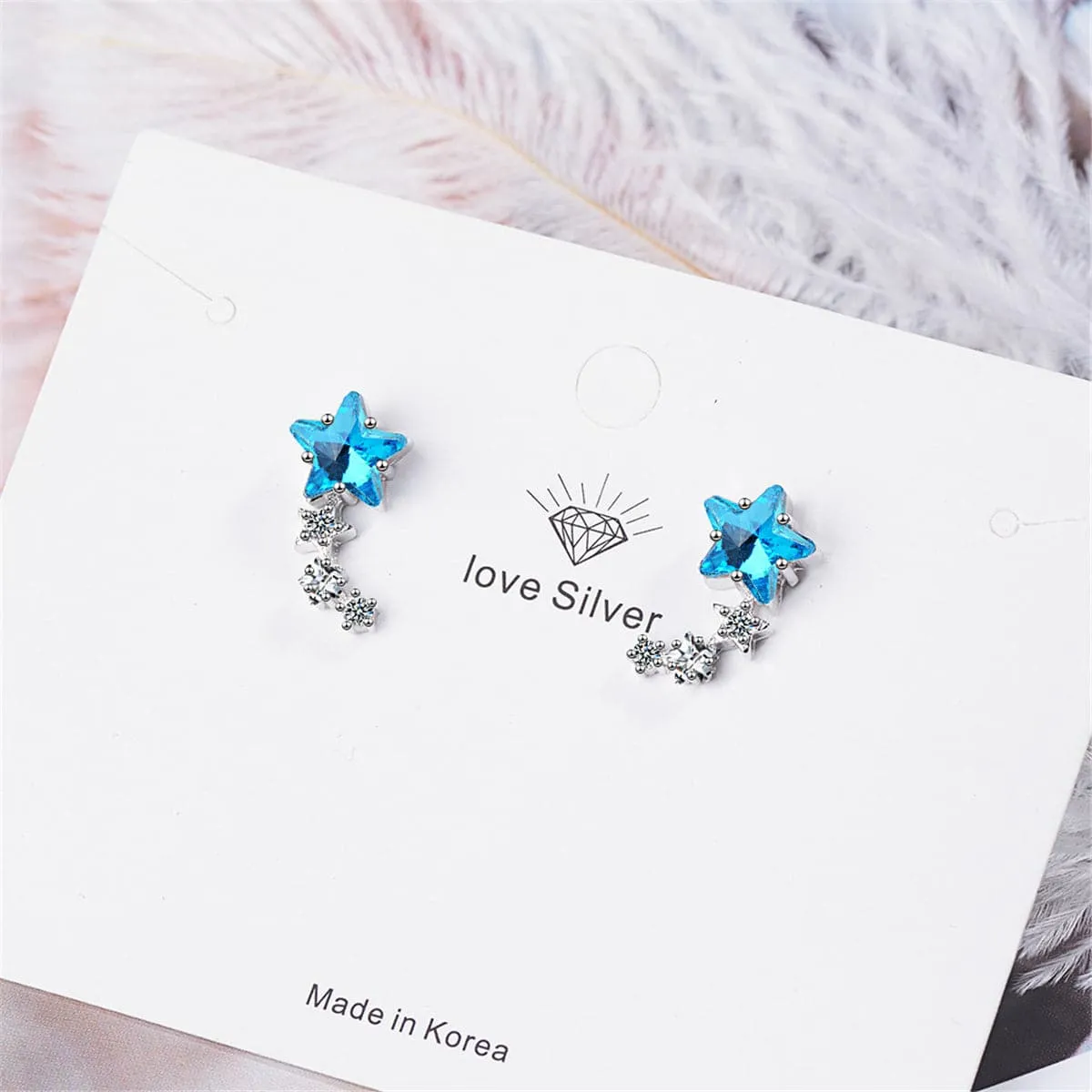 Blue Crystal & Cubic Zirconia Star Link Ear Climbers