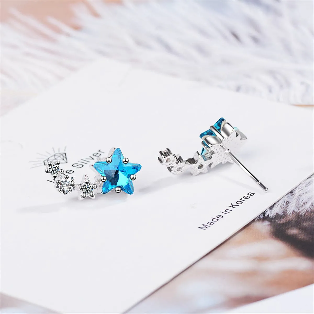 Blue Crystal & Cubic Zirconia Star Link Ear Climbers