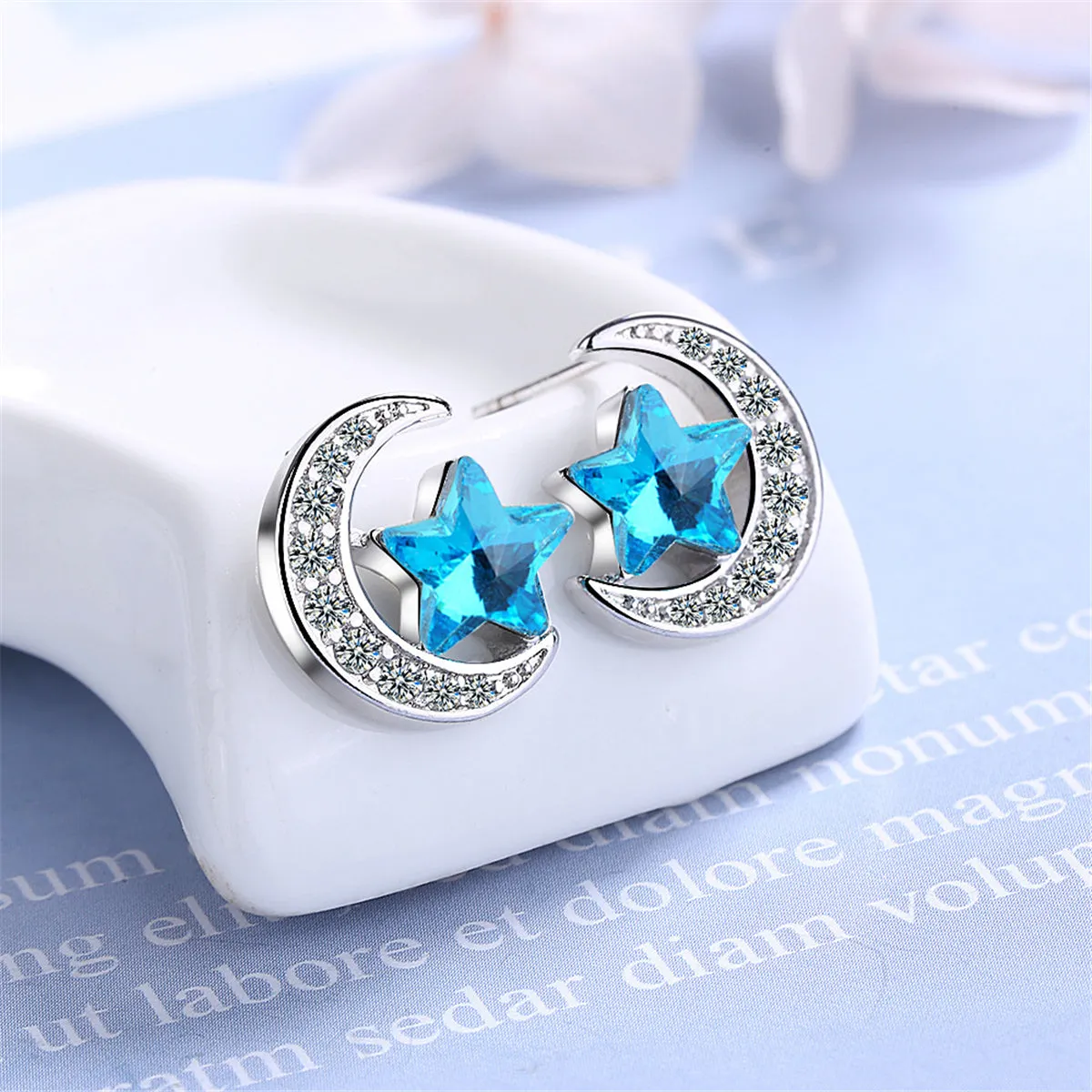 Blue Crystal Star & Cubic Zirconia Moon Stud Earring
