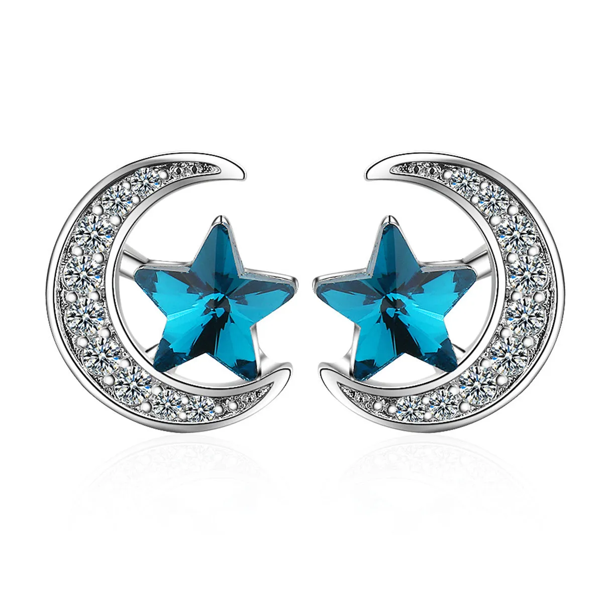 Blue Crystal Star & Cubic Zirconia Moon Stud Earring