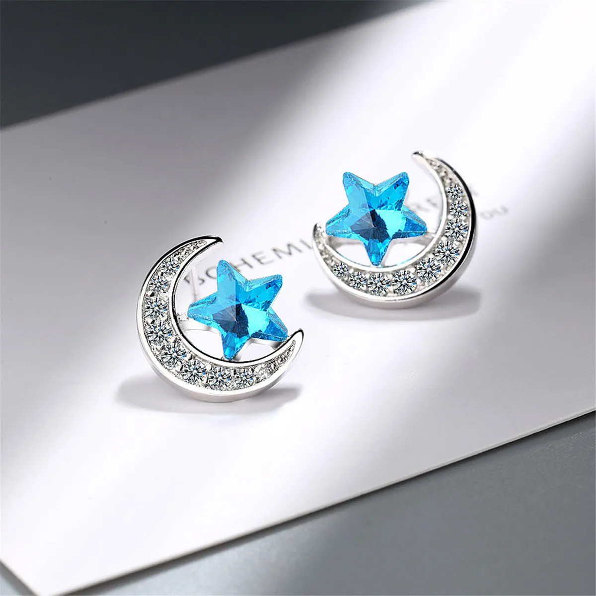 Blue Crystal Star & Cubic Zirconia Moon Stud Earring