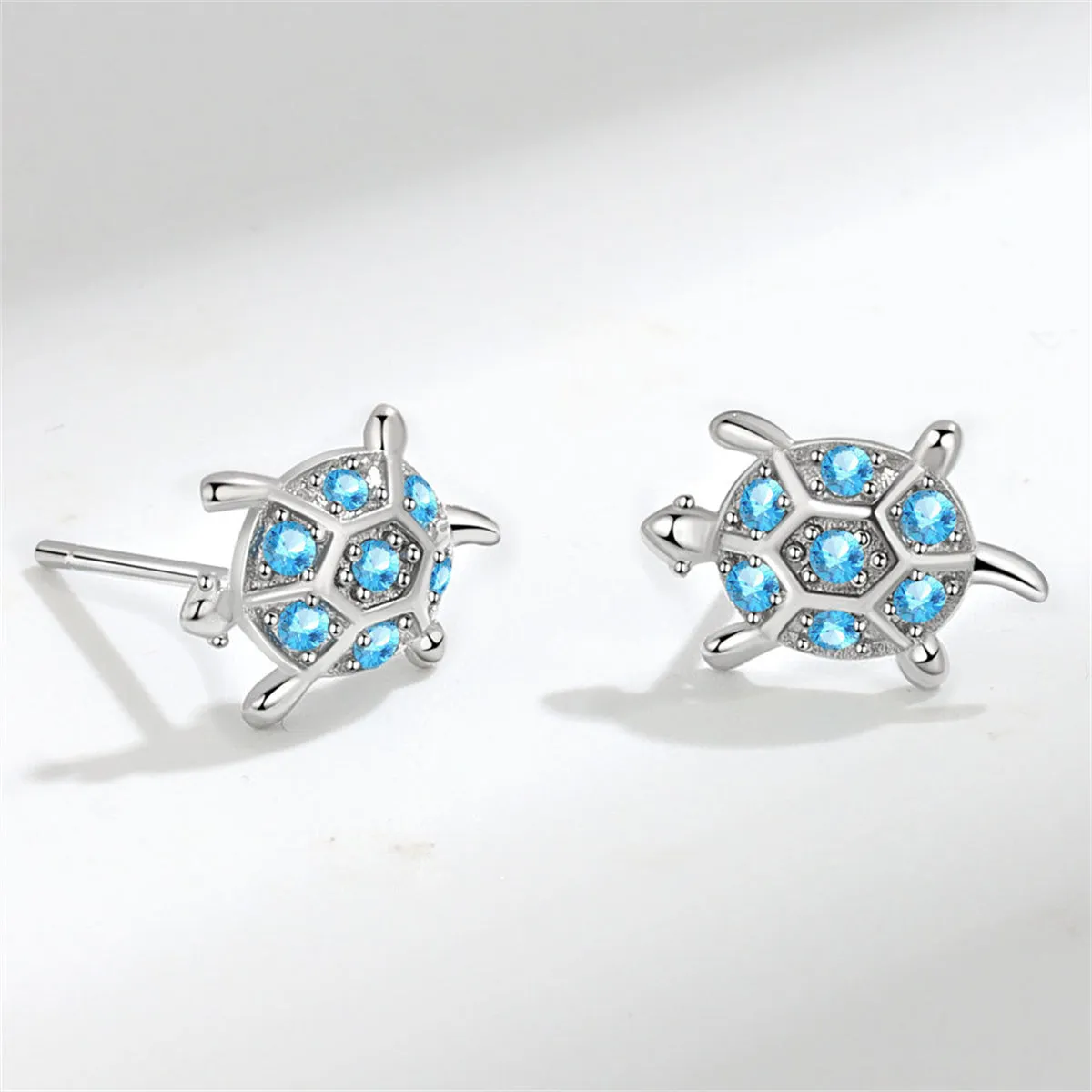 Blue Cubic Zirconia & Silver-Plated Turtle Stud Earrings
