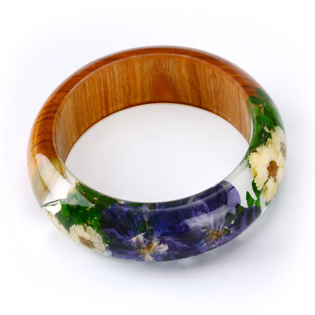 Blue Dried Flower & Resin Wood Bangle