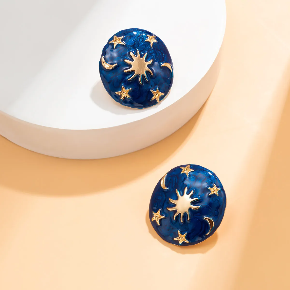 Blue Enamel & 18K Gold-Plated Celestial Oval Stud Earrings