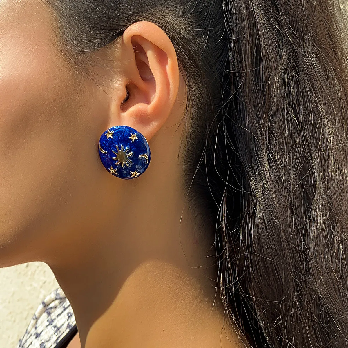 Blue Enamel & 18K Gold-Plated Celestial Oval Stud Earrings