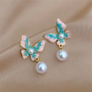 Blue Enamel & Pearl Butterfly Bead Drop Earrings