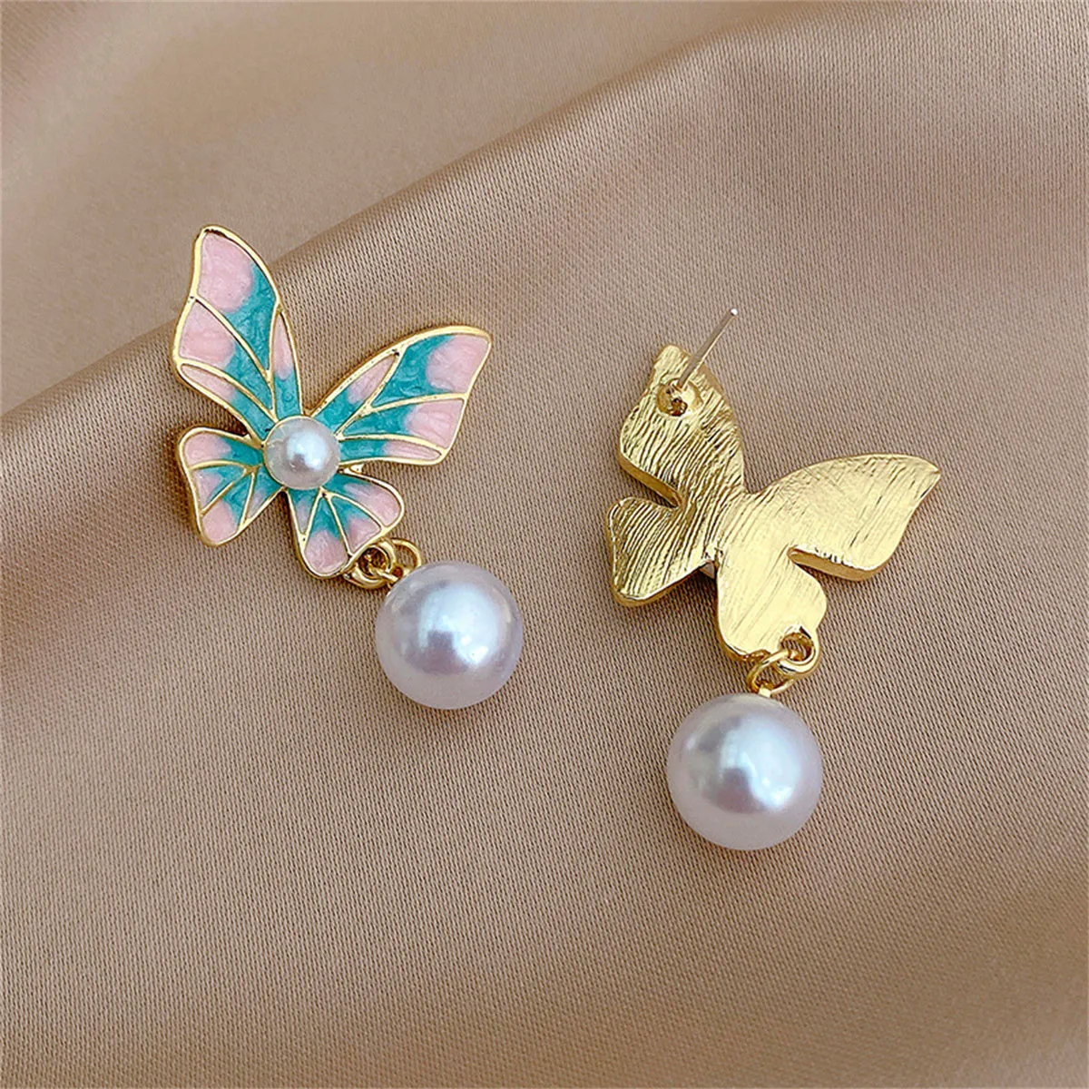 Blue Enamel & Pearl Butterfly Bead Drop Earrings