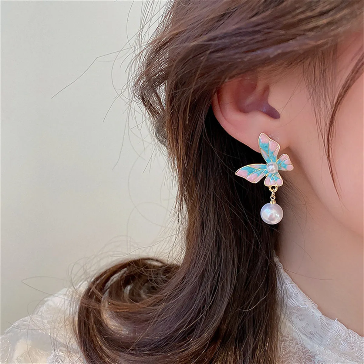 Blue Enamel & Pearl Butterfly Bead Drop Earrings