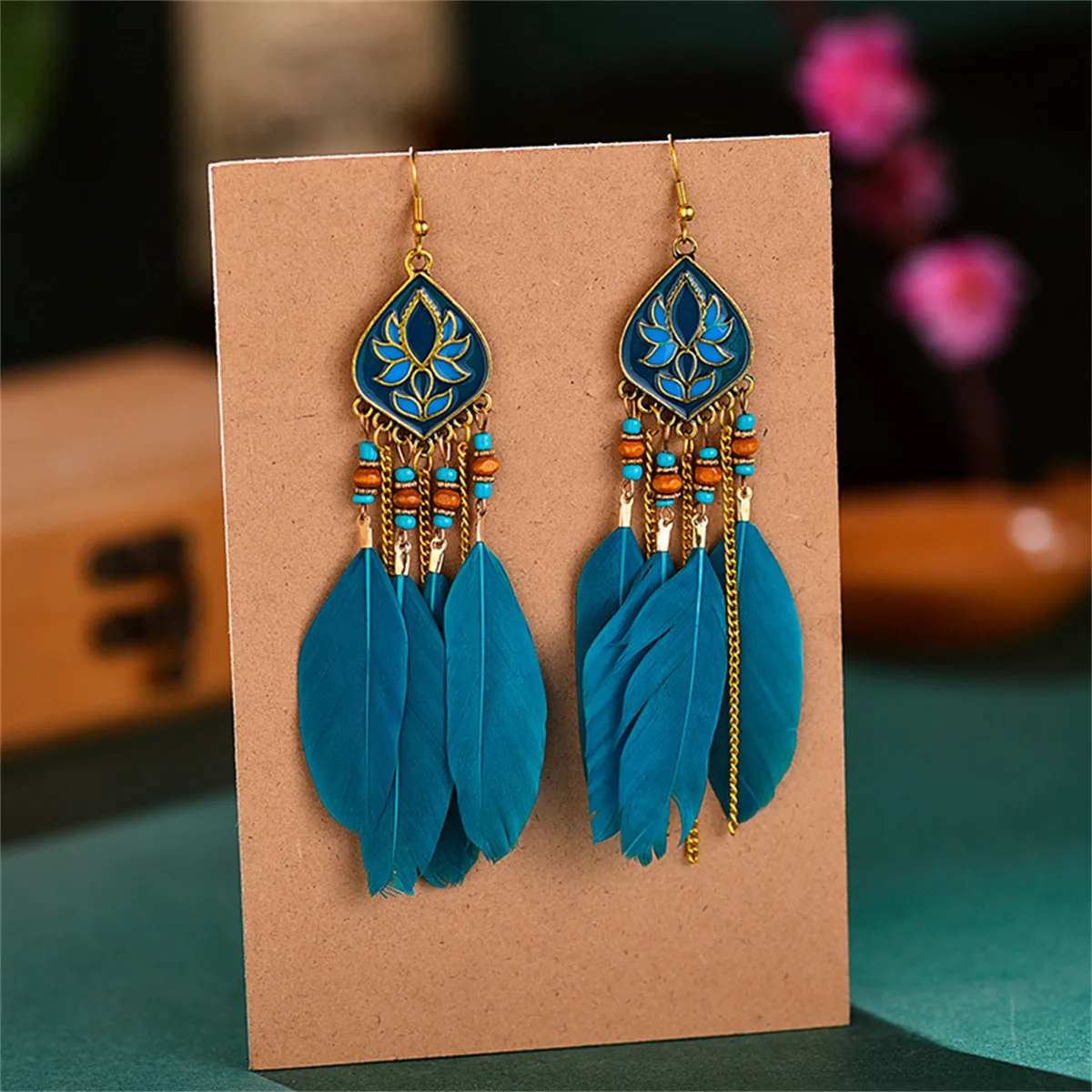 Blue Feather & Resin Drop Earrings