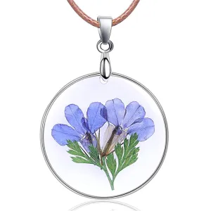 Blue Flower & Silver-Plated Round Pendant Necklace