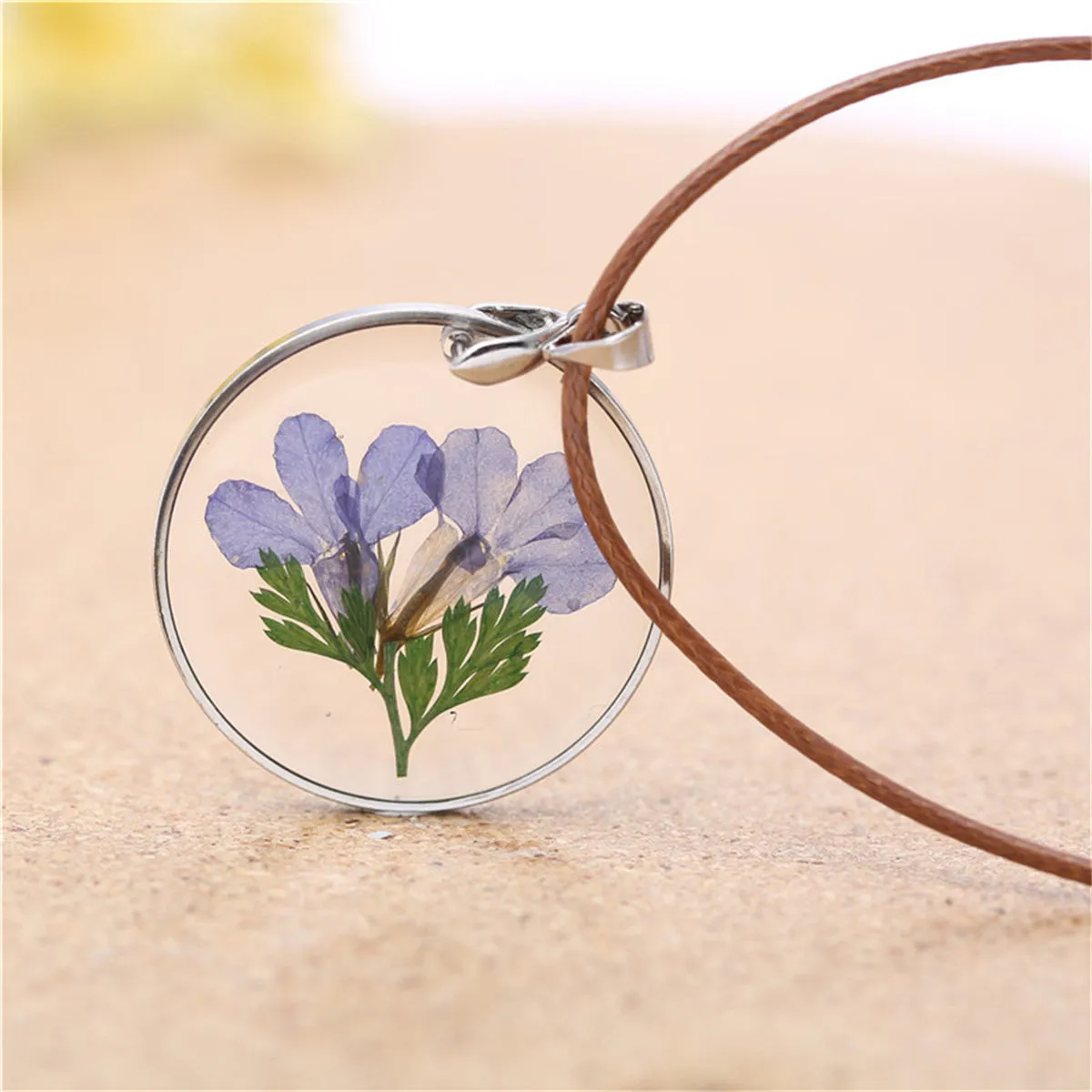 Blue Flower & Silver-Plated Round Pendant Necklace