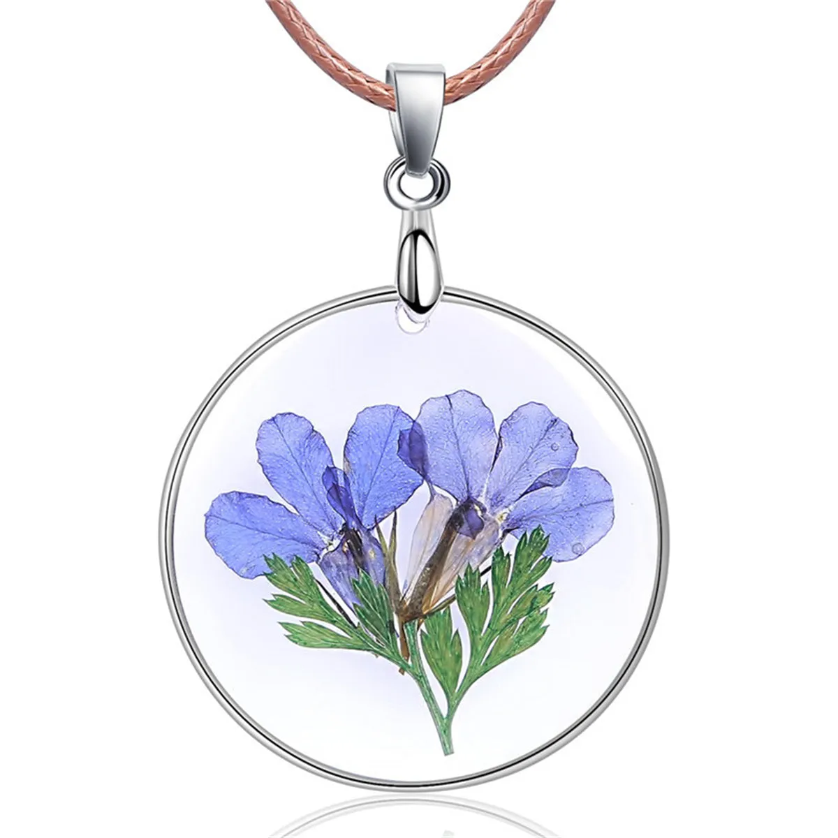 Blue Flower & Silver-Plated Round Pendant Necklace