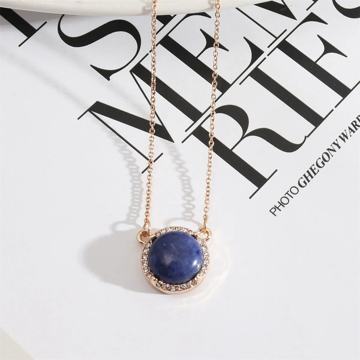 Blue Lapis & Cubic Zirconia Halo Round Pendant Necklace