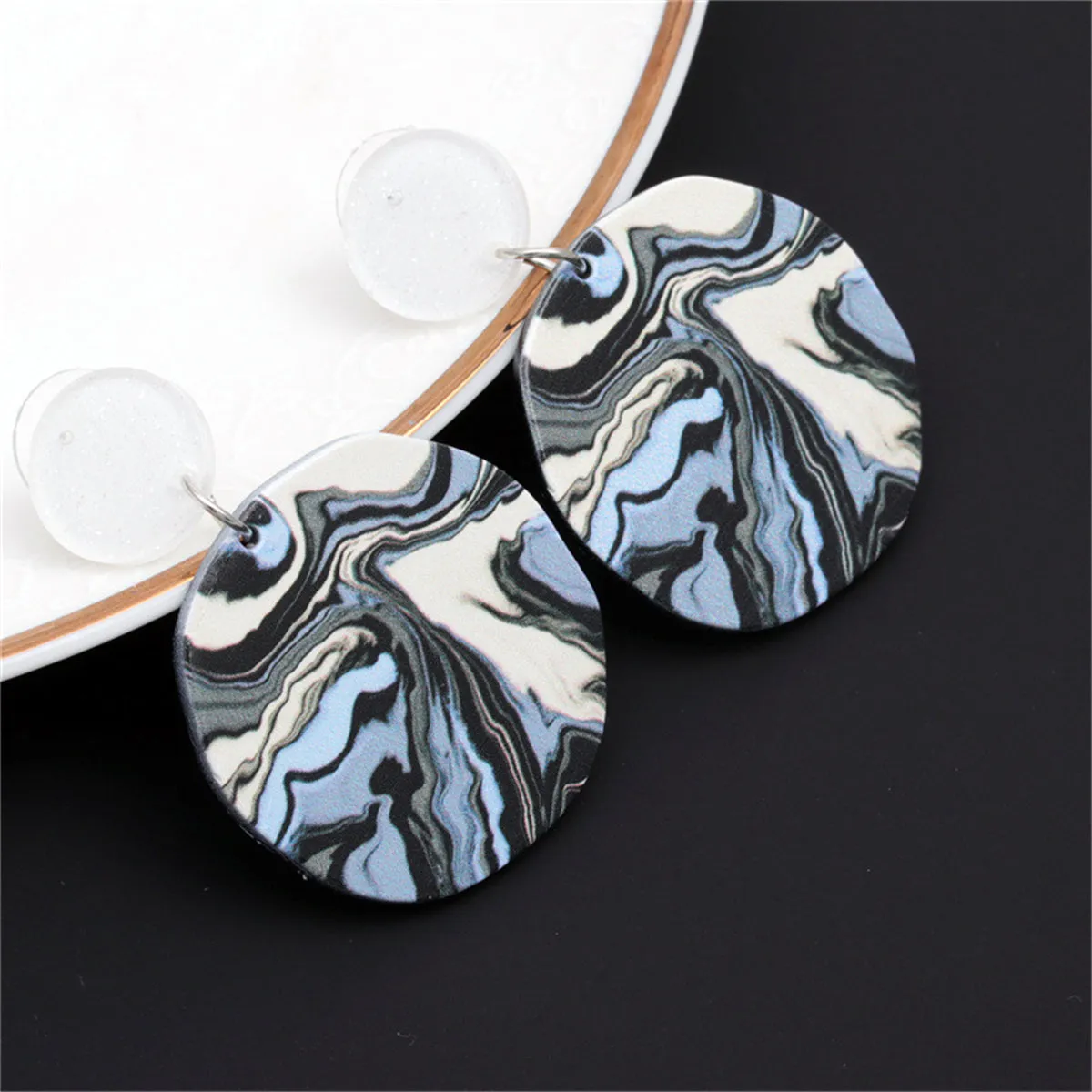 Blue Multi-Colored Marbled Drop Earrings