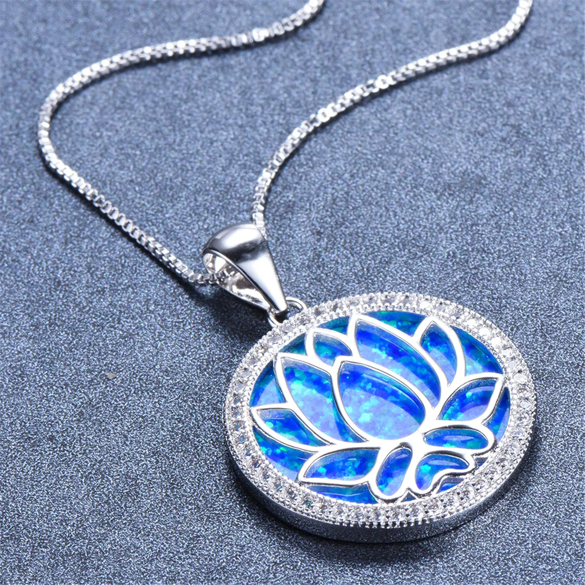 Blue Opal & Cubic Zirconia Round Lotus Pendant Necklace