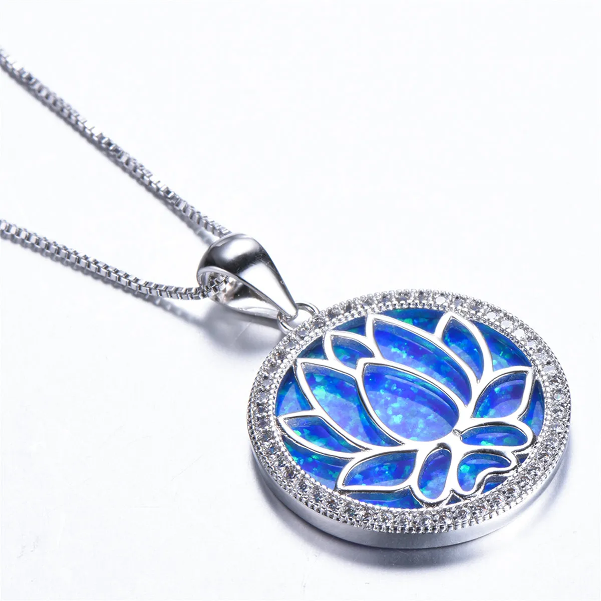 Blue Opal & Cubic Zirconia Round Lotus Pendant Necklace