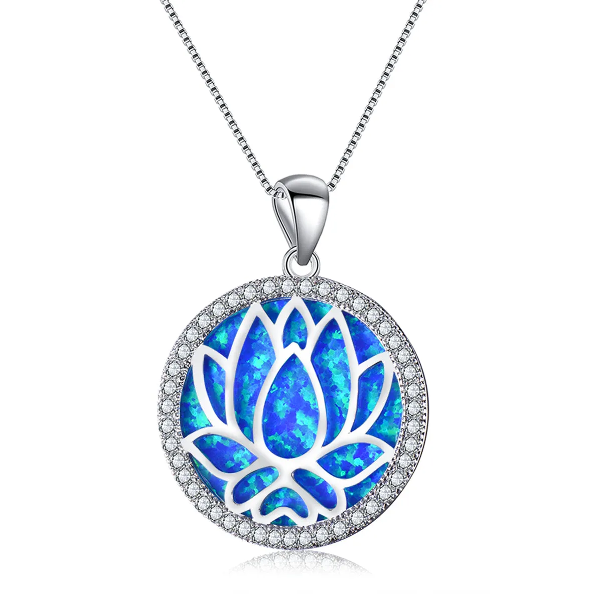 Blue Opal & Cubic Zirconia Round Lotus Pendant Necklace