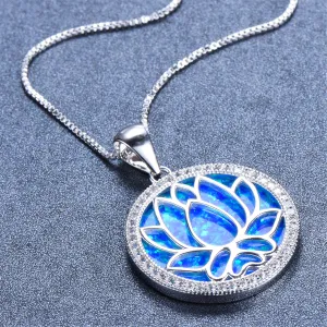 Blue Opal & Cubic Zirconia Round Lotus Pendant Necklace