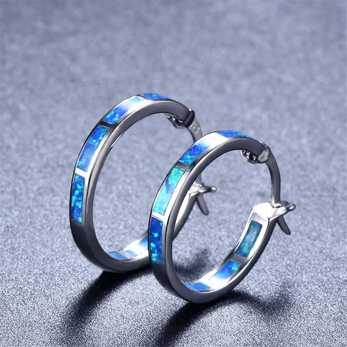 Blue Opal & Silver-Plated Block Channel Hoop Earrings