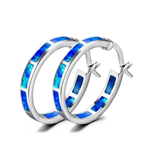 Blue Opal & Silver-Plated Block Channel Hoop Earrings