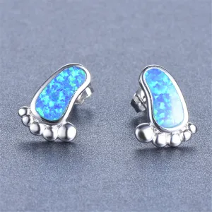 Blue Opal & Silver-Plated Footprint Stud Earrings