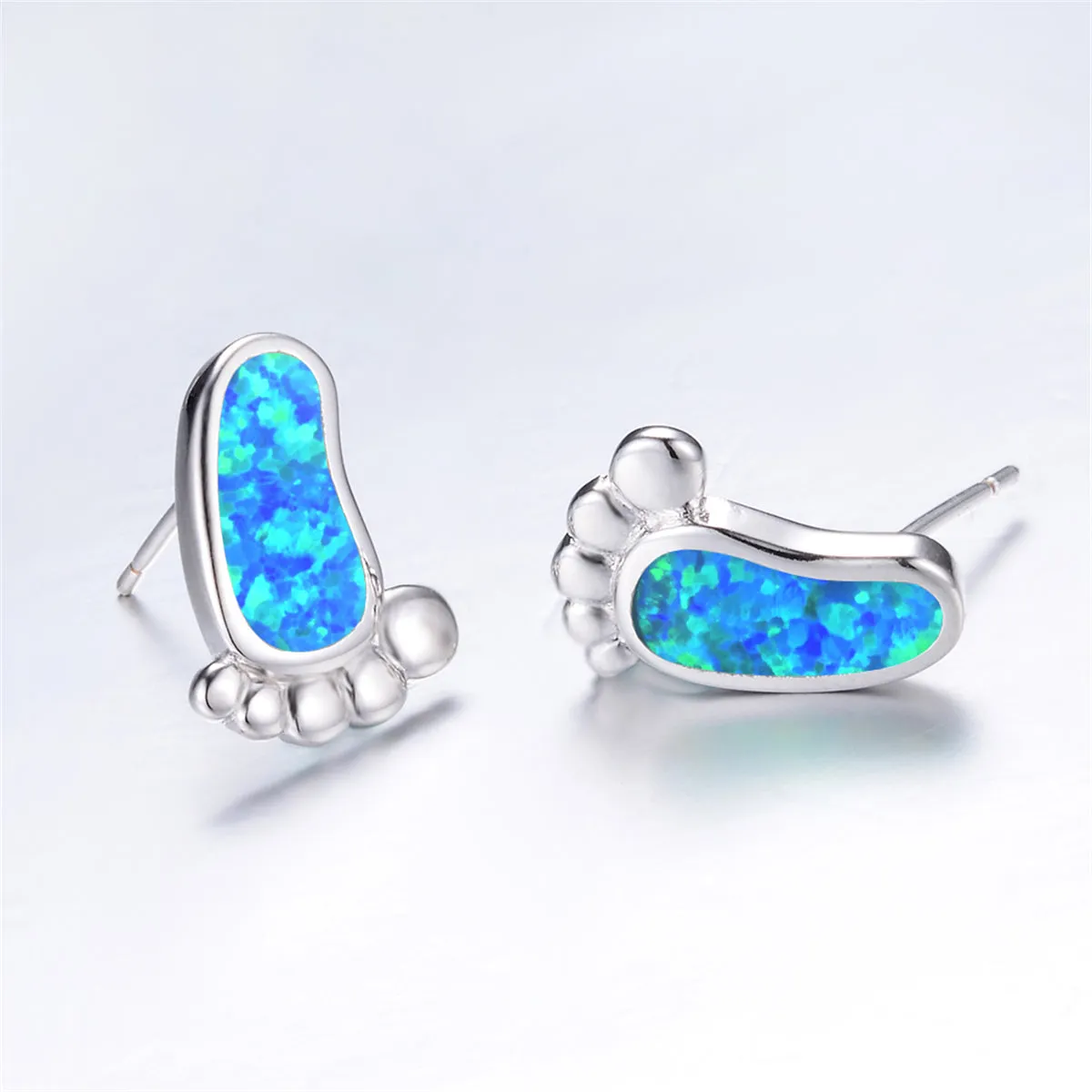 Blue Opal & Silver-Plated Footprint Stud Earrings