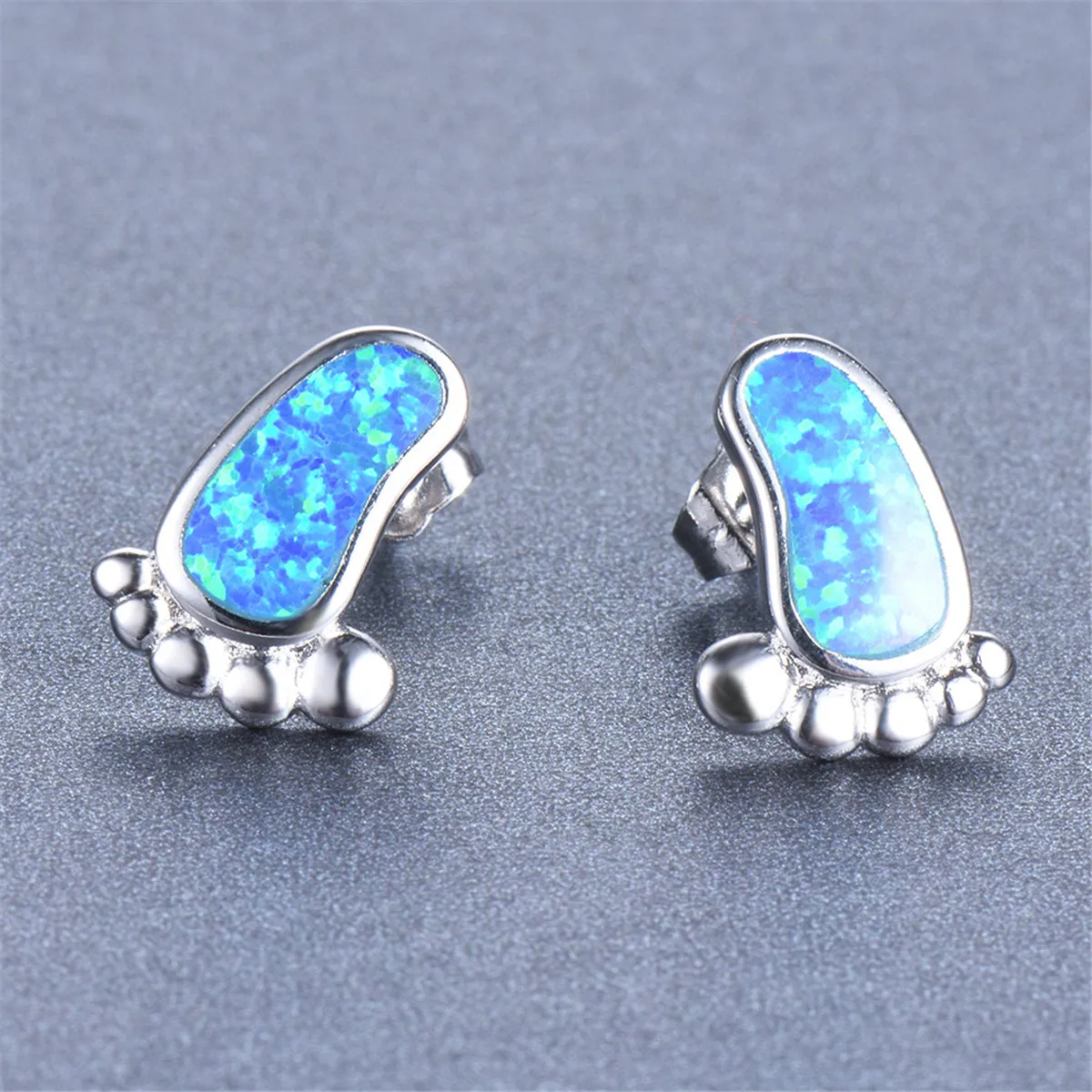 Blue Opal & Silver-Plated Footprint Stud Earrings