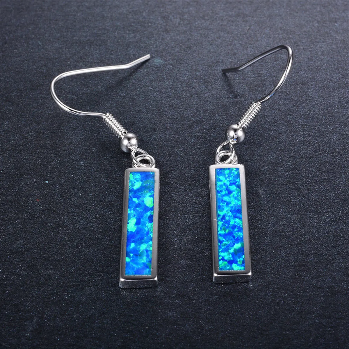 Blue Opal & Silver-Plated Rectangle Drop Earrings