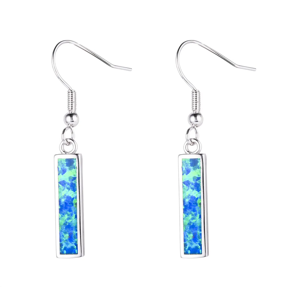 Blue Opal & Silver-Plated Rectangle Drop Earrings